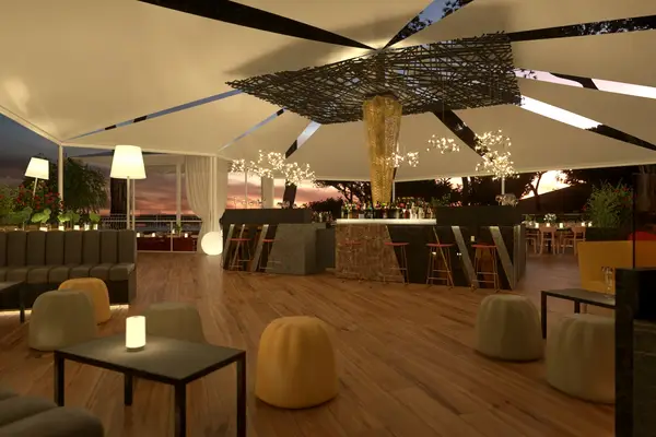 Rendering 3D fotorealistico per il design dell'area bar e arredamento