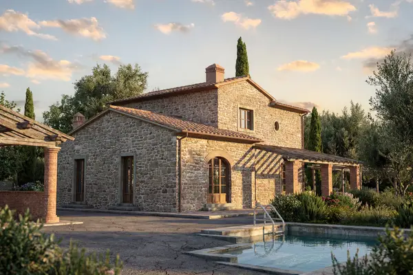 Rendering architettonico 3D di un casale rustico con piscina in Toscana