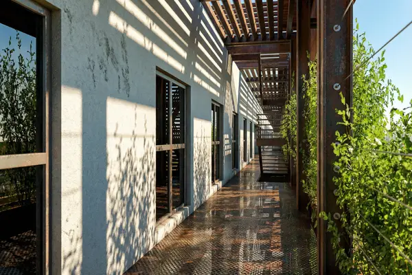 Rendering architettonico 3D di esterni residenziali in acciaio immersi nella natura