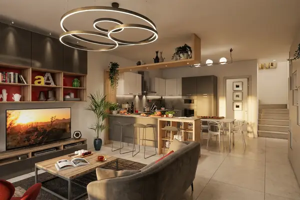 Rendering 3D di interni per un open space residenziale con cucina e soggiorno