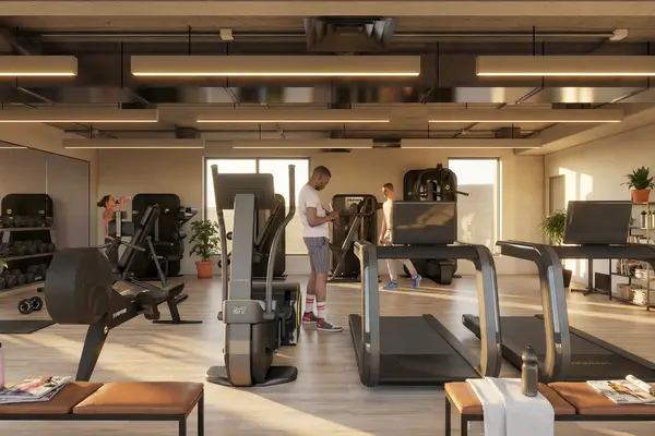 Rendering 3D di arredamento per il design di interni di una palestra