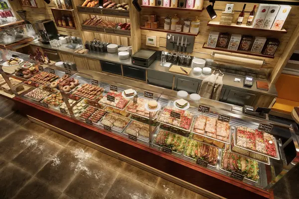 Rendering 3D di arredamento per l'interior design di un panificio o pasticceria