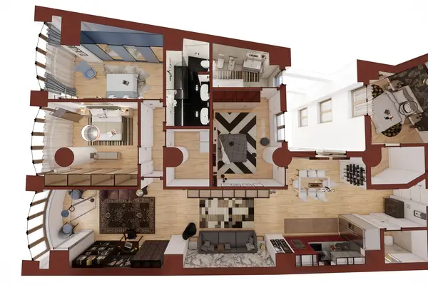 Rendering 3D di una planimetria arredata illustrativa per un appartamento di lusso