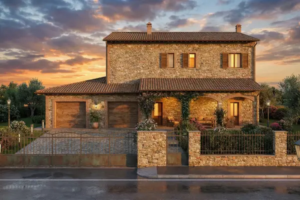Rendering architettonico 3D di una villa in stile rustico