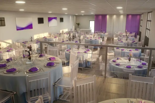 Rendering 3D per l'allestimento e arredo di una sala ricevimenti