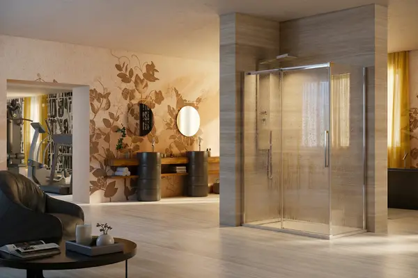Rendering 3D di arredamento per interni di un bagno con doccia in una palestra