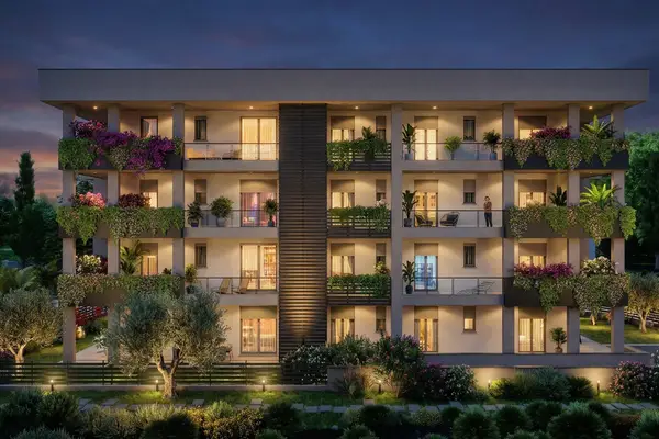 Rendering architettonico serale di un edificio residenziale con balconi fioriti