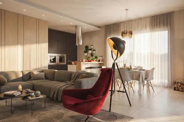 Rendering fotorealistico 3D di interior design per zona living a supporto dei progettisti