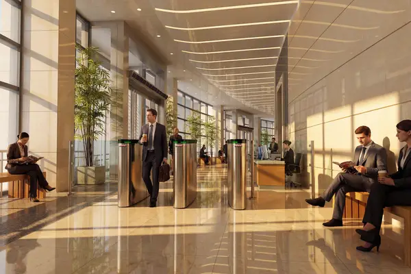 Rendering fotorealistico 3D per il design di una lobby e arredamento uffici