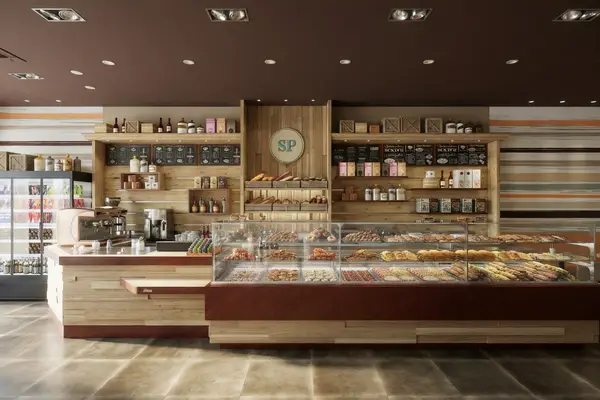 Rendering di arredamento per il design interno di un panificio