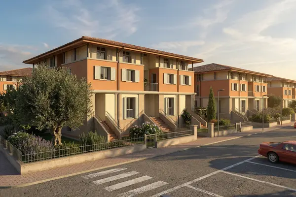 Rendering architettonico 3D esterno di un complesso residenziale