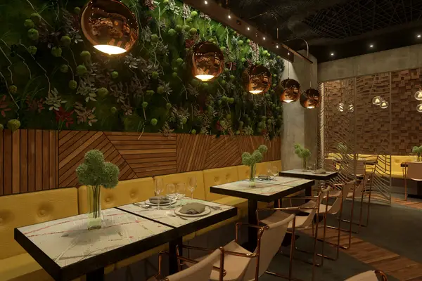 Rendering 3D di arredamento per il design di interni di un ristorante