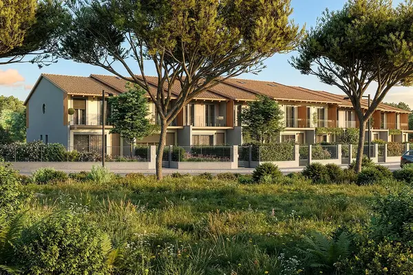 Rendering architettonico 3D di villette a schiera con giardino
