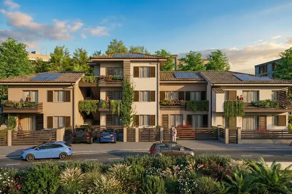 Rendering architettonico 3D di villette con pannelli solari per studi di progettazione