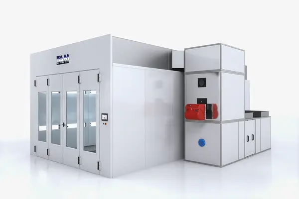 Rendering 3D di prodotto per una cabina di verniciatura industriale