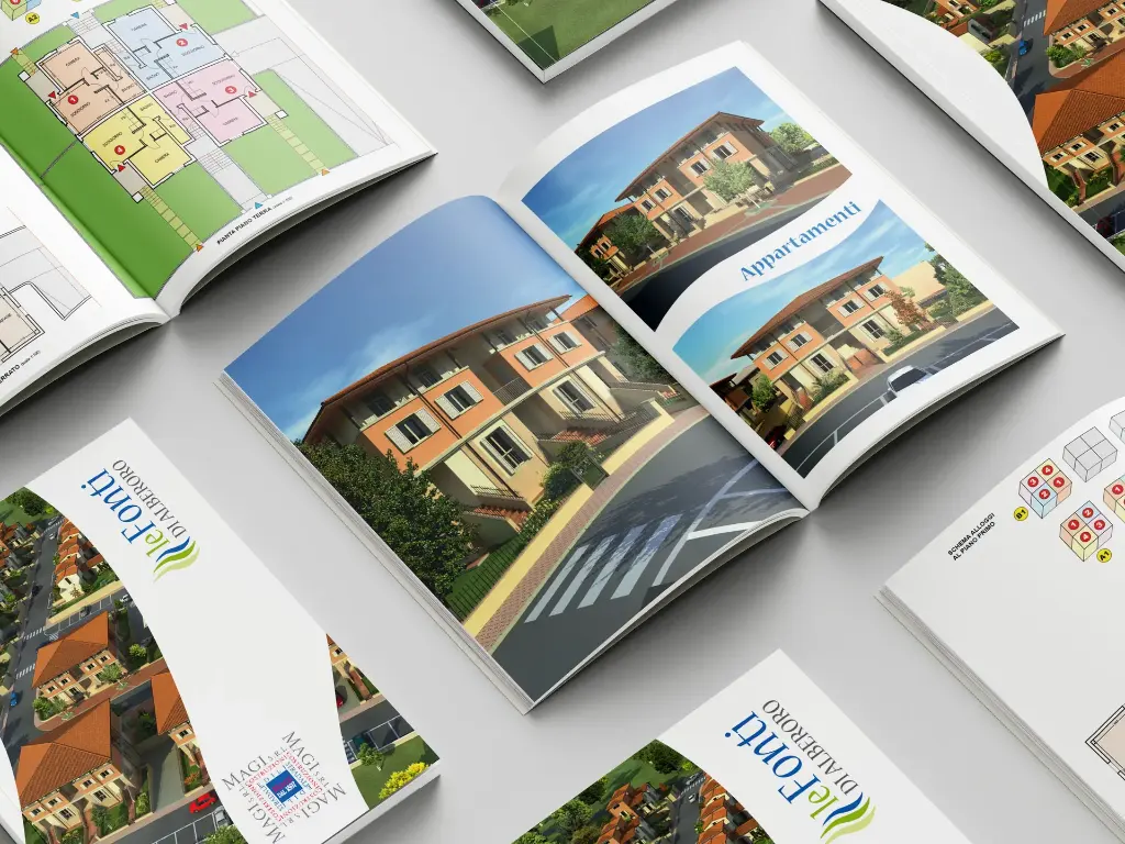 Kit grafico di vendita immobiliare: brochure, planimetrie e cartellonistica