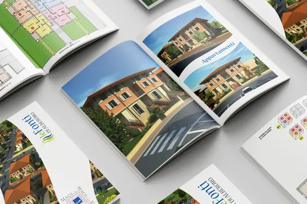 Mockup grafico di un libro di presentazione per appartamenti e immobili